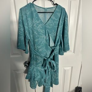 Casual Romper Floral Print Mid Sleeves Waist Tie Ruffle Hem Deep V-Neck